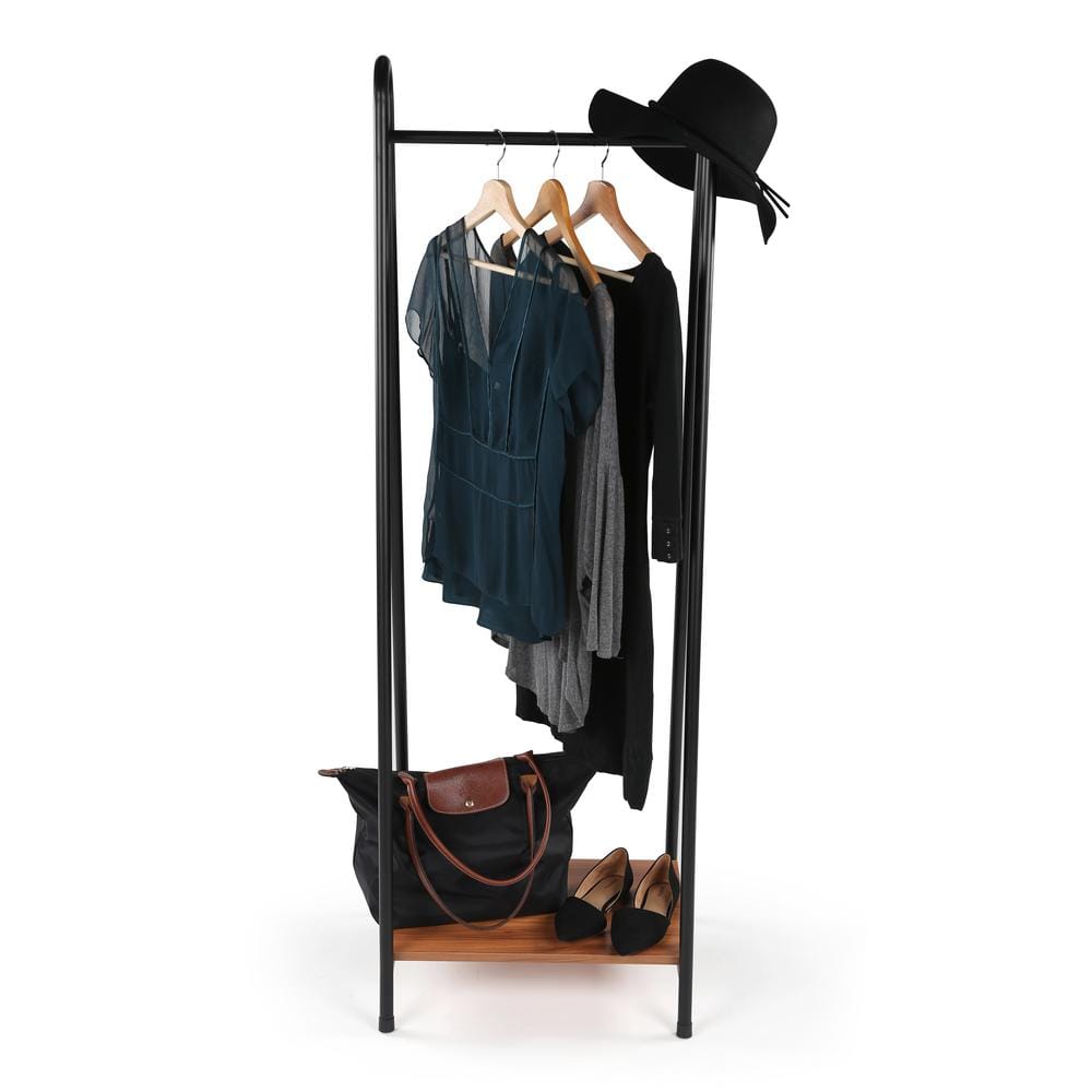 Slim Black Steel Frame Clothing Shelf Rack with Wood Shelf