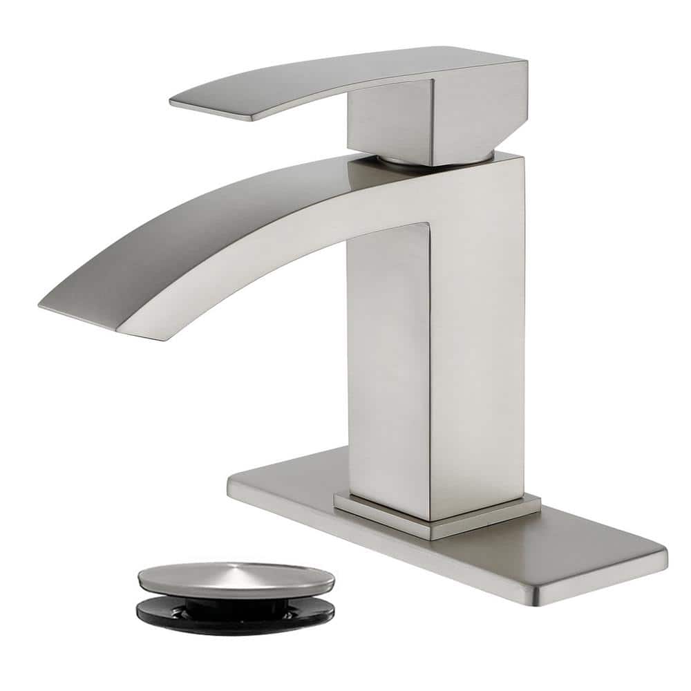 FLG Single Handle Single Hole Bathroom Faucet with Pop-up Drain Stainless Steel Waterfall Sink Basin Taps in Brushed Nickel