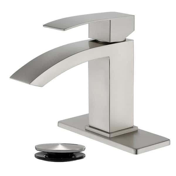 Single Handle Single Hole Bathroom Faucet with Pop-up Drain Stainless Steel Waterfall Sink Basin Taps in Brushed Nickel