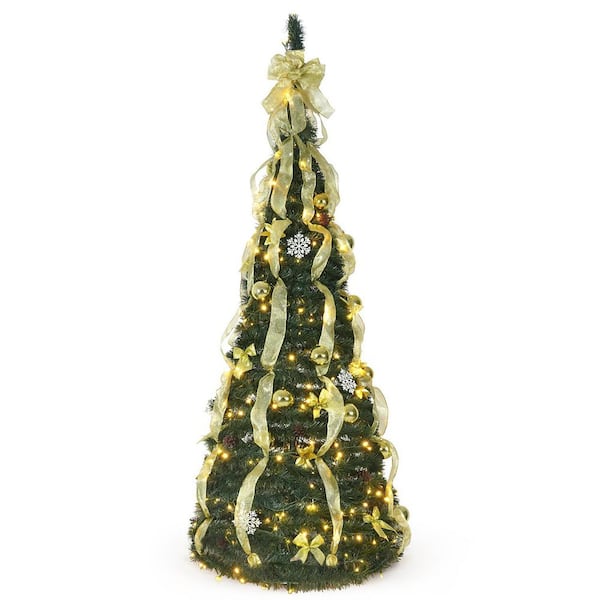 6 ft. Pre-Lit LED Pop Up Artificial Christmas Tree with 300 Twinkling Lights, 4 Golden Ribbons and Green Plastic Stand