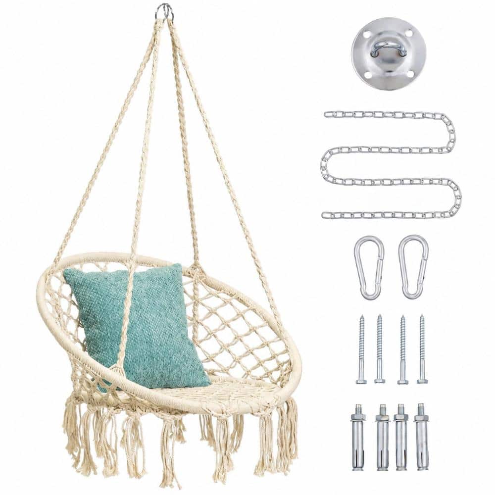 Kids Macrame Hammock Swing Chair for Ages 2-5, Handmade Knitted Off-White with 230 lb Capacity and Suspension Kit