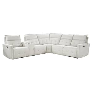 Loveland 113.5 in. 6-Piece Textured Fabric Modular Power Reclining Sectional Sofa in White with Power Headrest