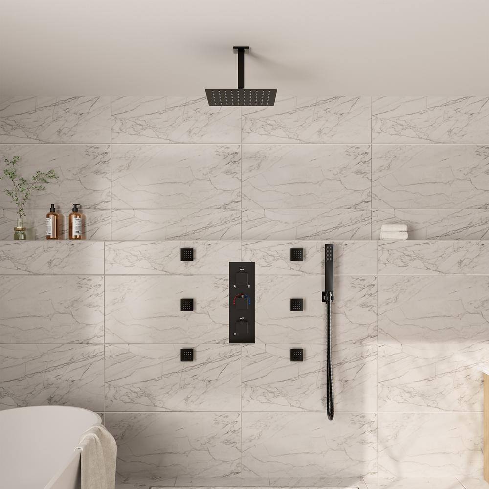 Large Matte Black Dual Square Ceiling Mounted Rainfall Shower System