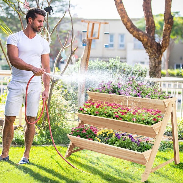 Gymax 43 in. x 9 in. x 6 in. Wood 3-Tier Raised Garden Bed with 2