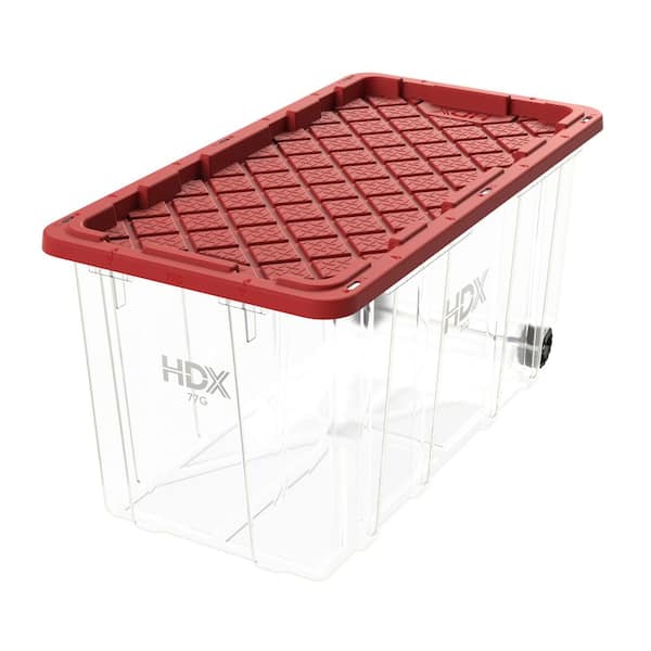 77 Gal. Tough Storage Tote with Wheels in Clear with Red Lid