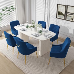 7-Piece Solid Wood Top Dining Table Set with Navy Blue Velvet Dining Chair (Seats of 6)