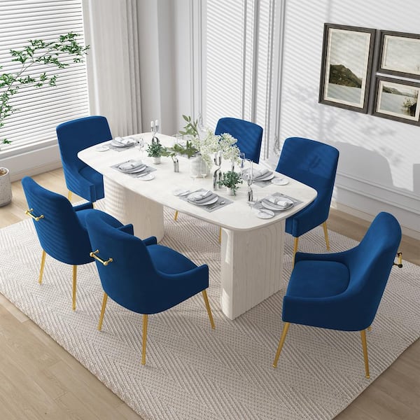 Clihome 7-Piece Solid Wood Top Dining Table Set with Navy Blue Velvet Dining Chair (Seats of 6)