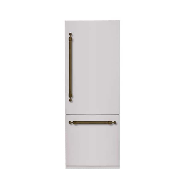 Hallman Classico 30 in. 16 CF TTL. Counter-Depth Built-in Bottom Mount Refrigerator RH-Hinge in Stainless Steel W- Bronze Trim