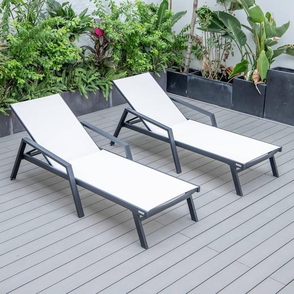 Leisuremod LeisureMod Marlin Modern Patio Chaise Lounge Arm Chair with Black Powder Coated Aluminum Frame in White Set of 2