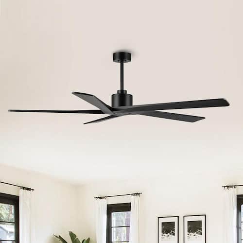 64 in. DC Indoor Black Ceiling Fan without Lights, 5 Reversible Carved Solid Wood Blades Remote Control Ceiling Fans