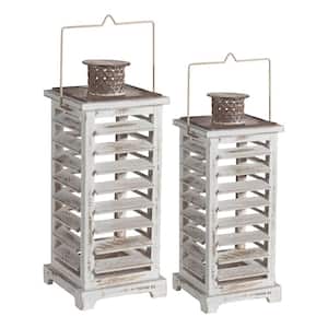 White Wood and Metal Lanterns with Louvered Design (Set of 2)
