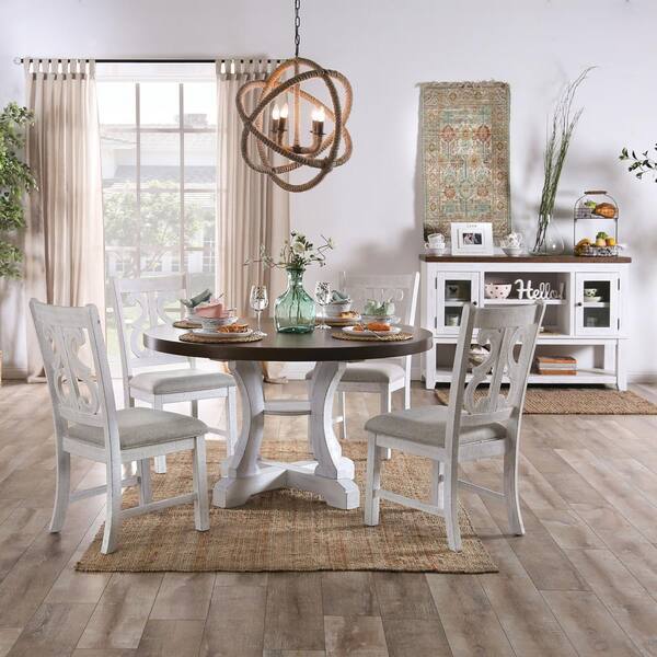 Dark Oak Wood Round Dining Table, Distressed White Dining Room Chairs