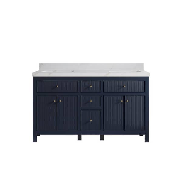 Willow Collections Sonoma 60 in. Double Sink Freestanding Navy Blue Bath Vanity with Calacatta Sienna Quartz Top Unassembled