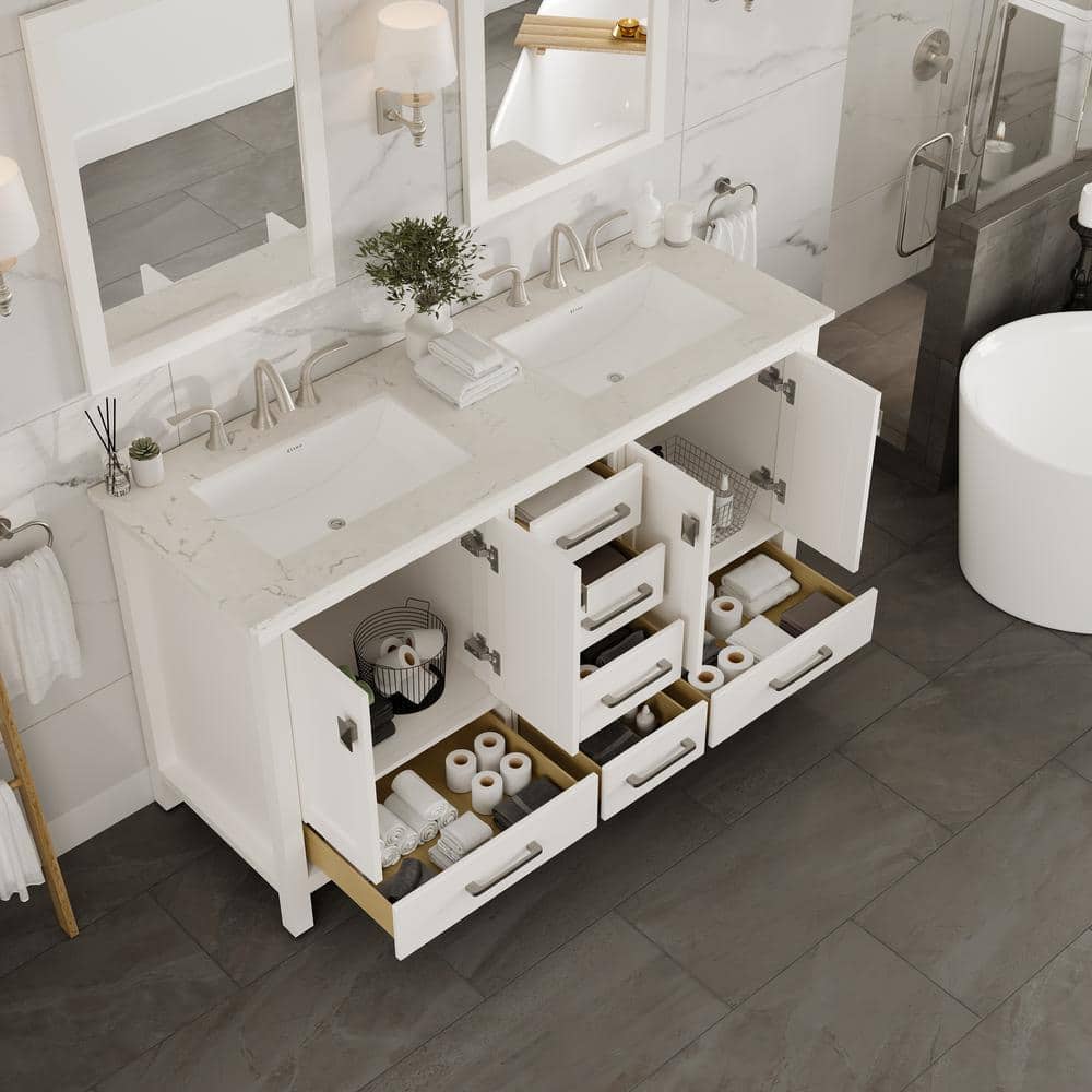 Aberdeen White Double Sink Bathroom Vanity with Carrara Quartz Top