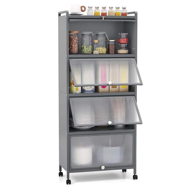 Grey 5+-Tier Metal 23.5 in. W Kitchen Baker's Rack Storage Cabinet Mobile Microwave Stand Flip-Up Doors