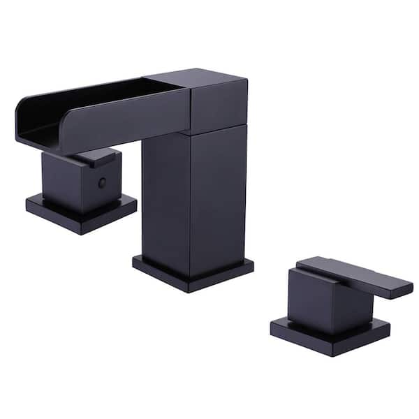 AIMADI 8 in. Widespread Double Handle Waterfall Bathroom Faucet with Modern Brass 3-Hole Bathroom Sink Taps in Matte Black