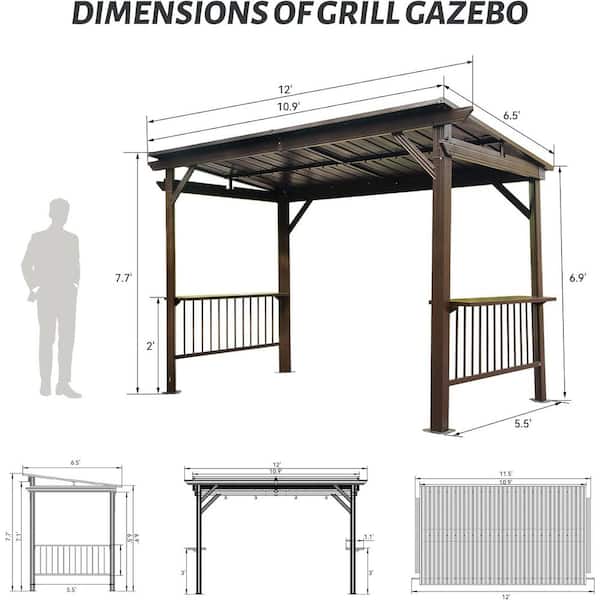6.5 ft. x 12 ft. Hardtop Grill Gazebo Canopy, BBQ with 2 Side Shelves and Sloping Galvanized Steel Roof, Ceiling Hooks