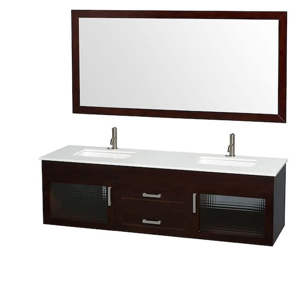 Wyndham Collection Manola 72 in. Double Vanity in Espresso with Glass Vanity Top in White, Undermount Square Sinks and 70 in. Mirror