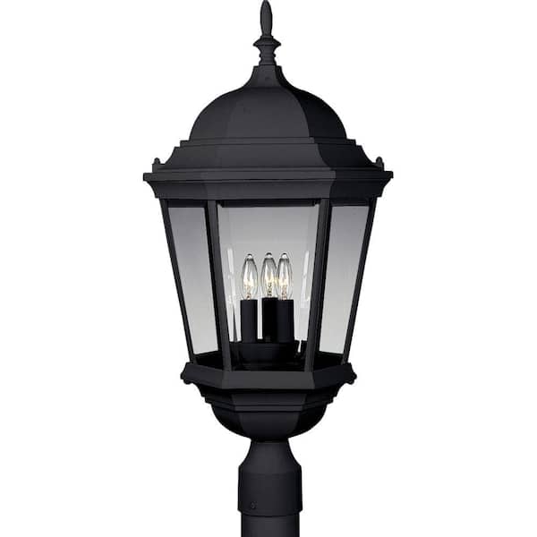 Progress Lighting Welbourne Collection 3-Light Textured Black Clear Beveled Glass Traditional Outdoor Post Lantern Light