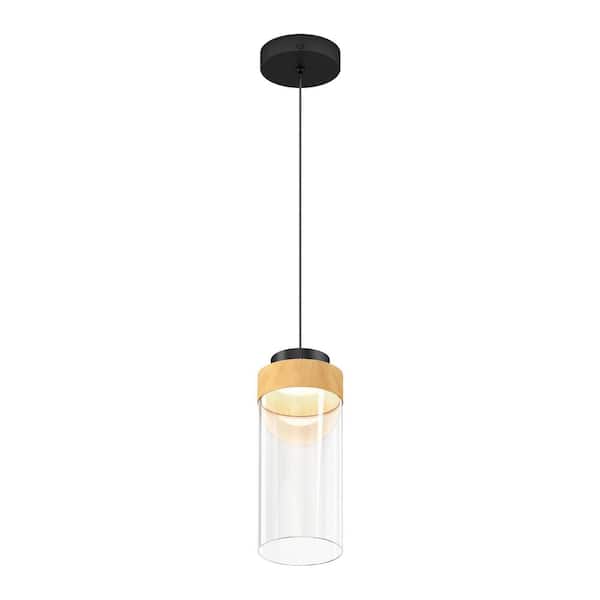 Hanson 14-Watt 1-Light Modern Black and Wood 5CCT Integrated LED Hanging Pendant Light with Clear Glass Shade