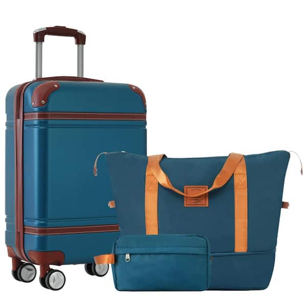 3-Piece Blue ABS Hardshell Double Spinner 20 in. Luggage Set with an Expandable Travel Duffel Bag, a Toiletry Bag