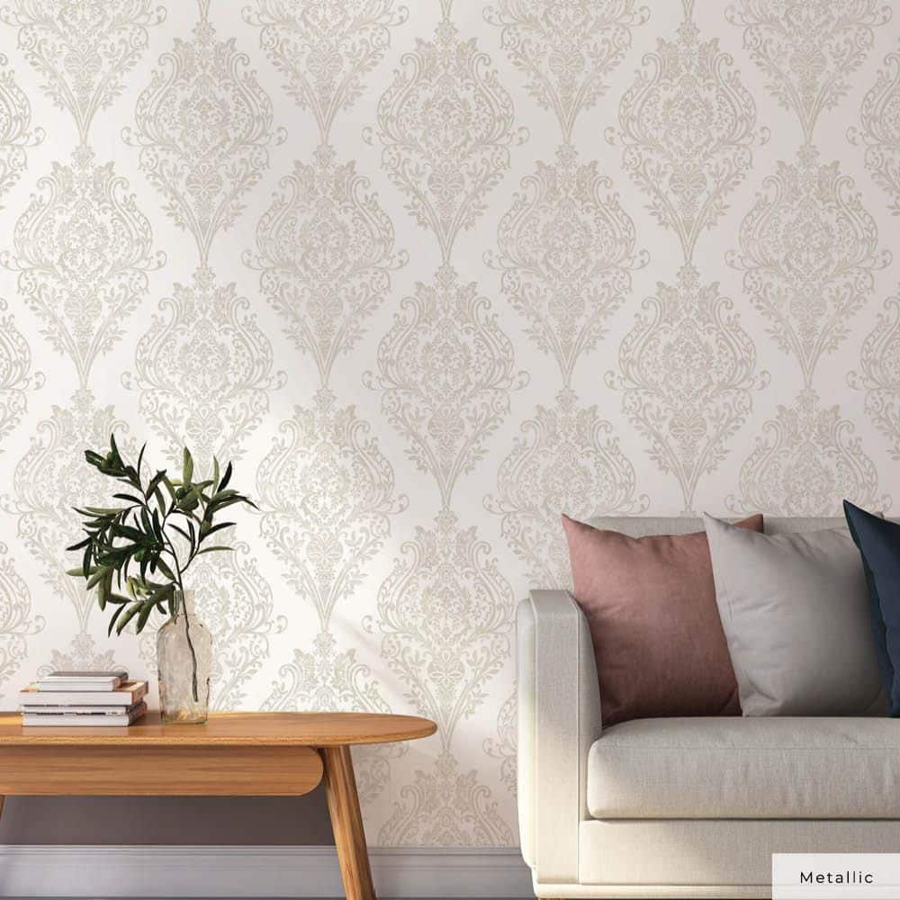 Champagne Damask Non-Pasted Repositionable Wallpaper Roll