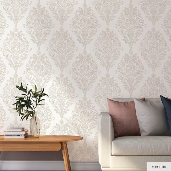 Metallic Champagne Estate Damask Unpasted Wallpaper Roll (Covers 56 sq. ft.)