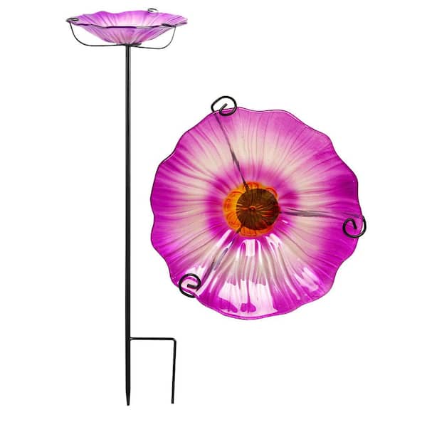 29 in. Purple Flower Design Glass Bird Bath with Metal Stake