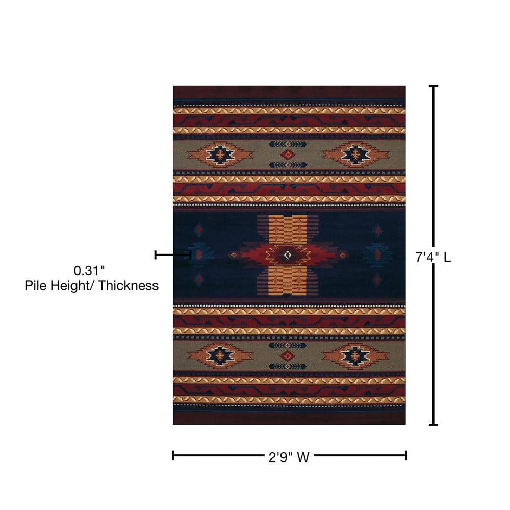 Navy and Red Southwestern Synthetic Runner Rug, 2' x 8'