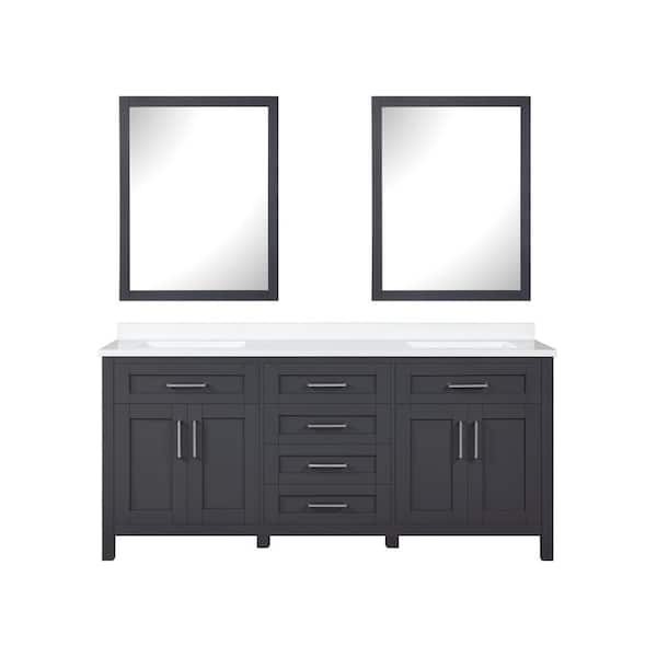 Tahoe 72 in. Double Sink  Dark Charcoal Bath Vanity with White Engineered Stone Top, Outlet, and Mirrors (Assembled)