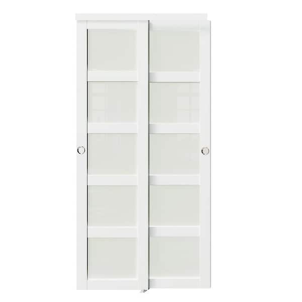 48 in. x 80 in. MDF, Solid Core, White Double Slide, 5-Lites Frosted Glass Sliding Door with Handle & All Hardware