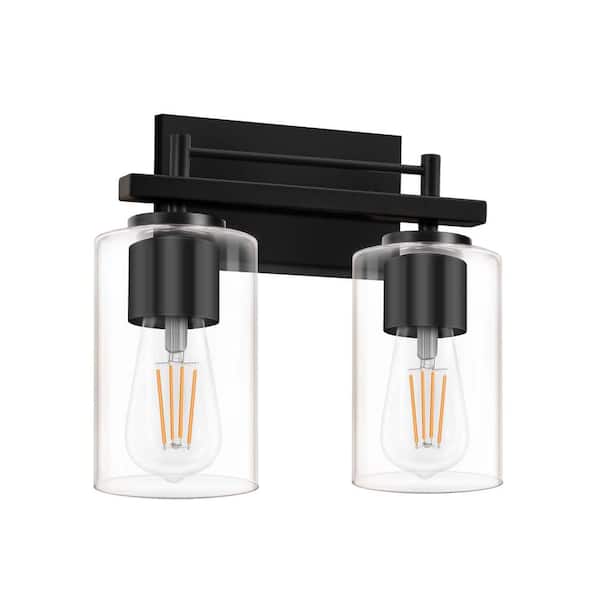 Farmhouse 10.6 in. 2-Light Black Bathroom Vanity Light with Glass Shade