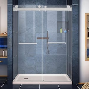 57-60 in. W x 79 in. H Buffered Double Sliding Frameless Shower Door in Brushed Nickel Finish with Clear Tempered Glass