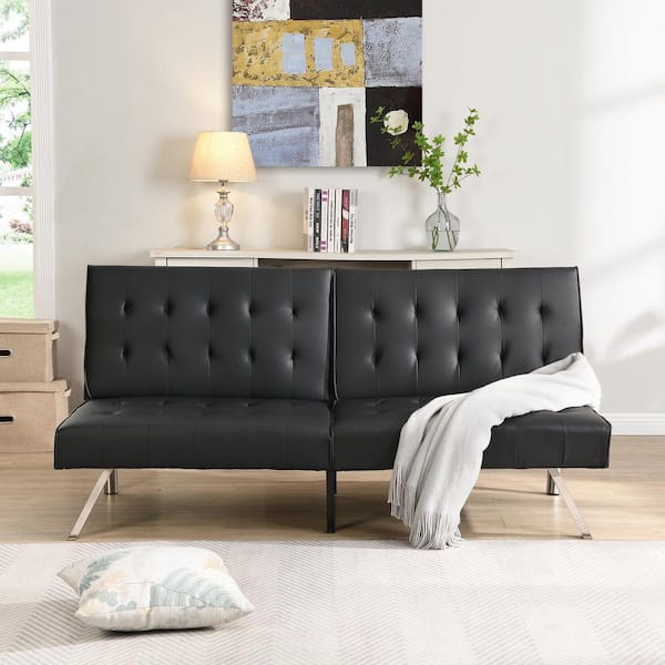 66.9 in. Black Faux Leather Sofa Bed with armrest and holders Convertible Sofa Bed Futon Set