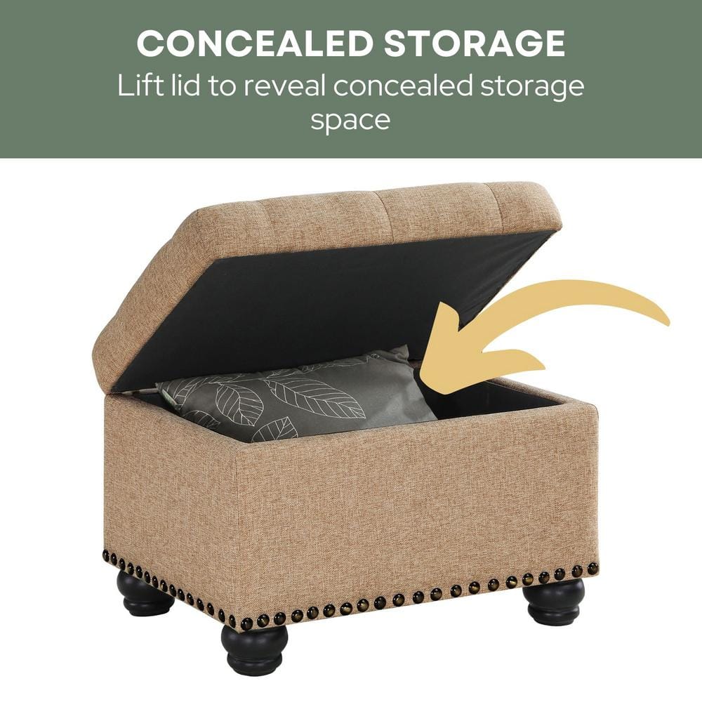 Tan Tufted Storage Ottoman with Nailhead Trim