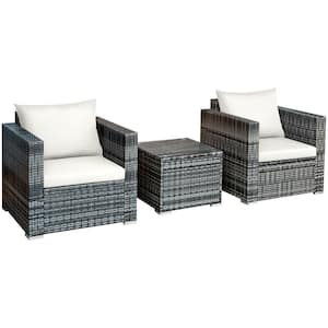 3-Pieces Rattan Patio Furniture Bistro Sofa Set with White Cushions