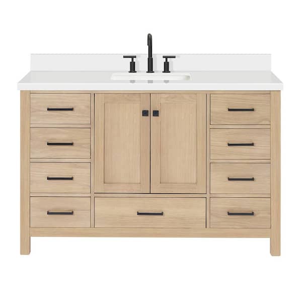 Cambridge 54 in. Single Sink Freestanding Bathroom Vanity in Oak with Pure White Quartz Top