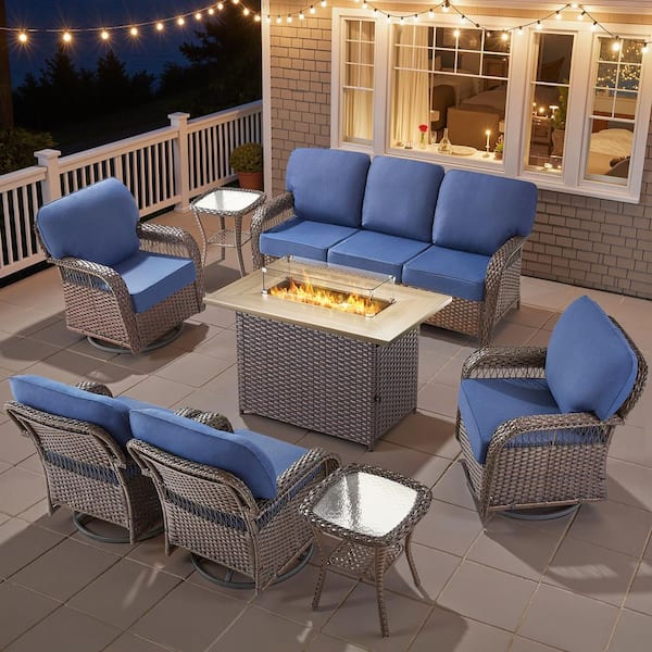 Tyber 8-Piece Brown Wicker Patio Conversation Sets Wicker Patio Fire Pit Table Sectional Seating Set with Blue Cushions