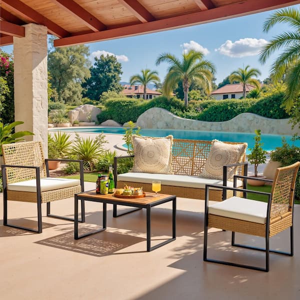 4-Pieces Wicker Paito Conversation Set with White Cushions