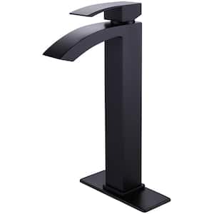 Waterfall Single Hole Single-Handle Low-Arc Tall Bathroom Faucet with Deck Plate for Vessel Sink in Black