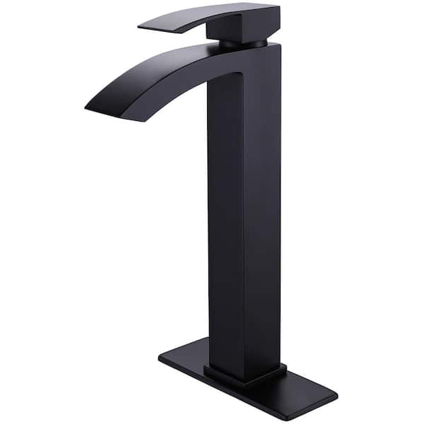 WELLFOR Single Handle Single Hole High Arc Bathroom Faucet with Deckplate Included in Matte Black