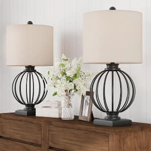 26 in. Matte Black Wrought Iron Orb Open Cage LED Table Lamps (Set of 2)