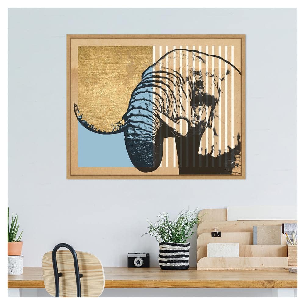 Gold and Blue Geometric Elephant Canvas Print with Maple Frame