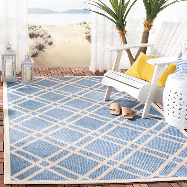 Courtyard Blue/Beige 9 ft. x 12 ft. Geometric Indoor/Outdoor Patio  Area Rug