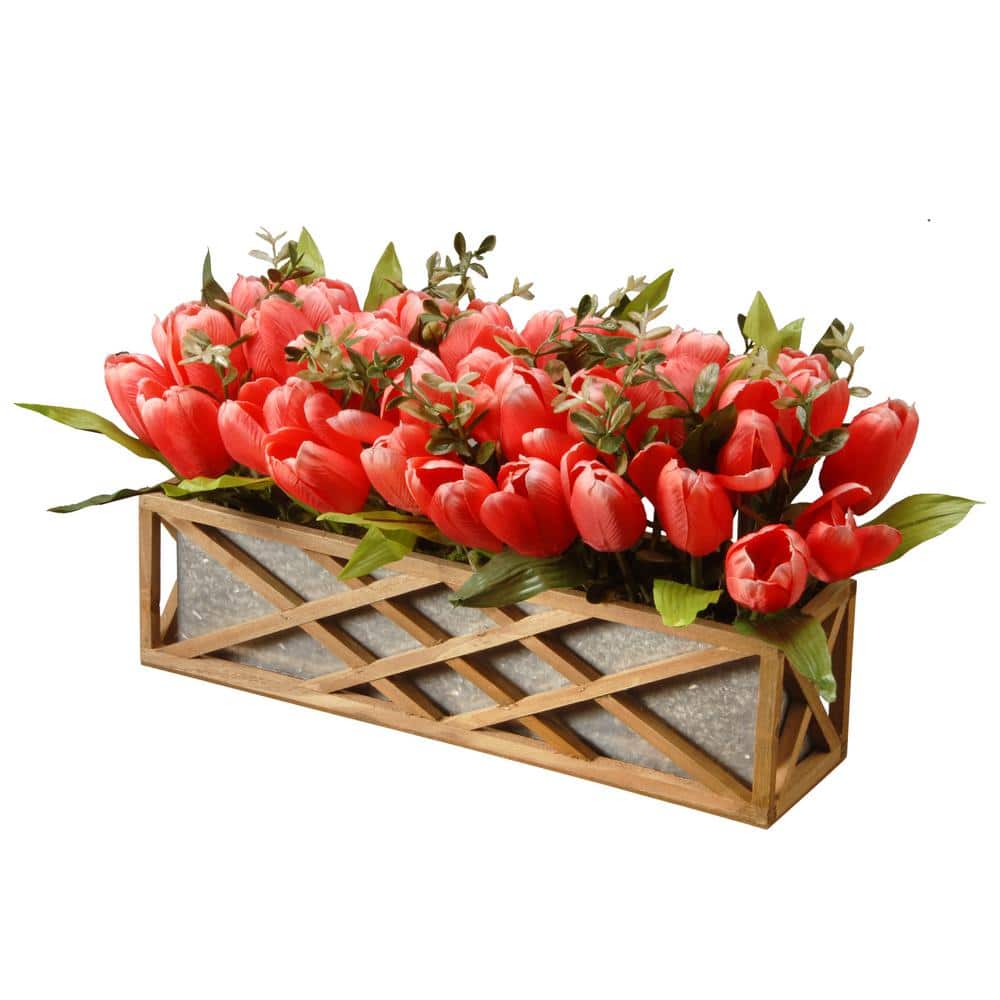 16.5" Pink Silk Tulips in Rustic Wood Planter