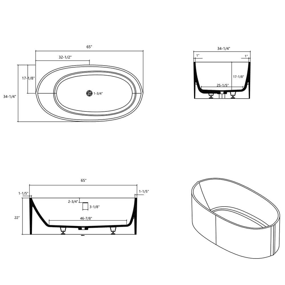 65'' Matte White Solid Surface Freestanding Soaking Bathtub