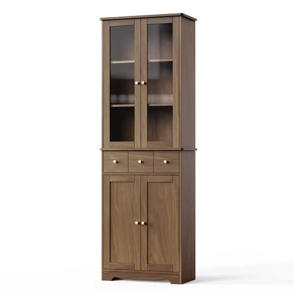 Unbranded 23.6 in. W x 11.8 in. D x 70 in. H Brown Linen Cabinet with 2 Glass Doors and 3-Drawers for Bedroom