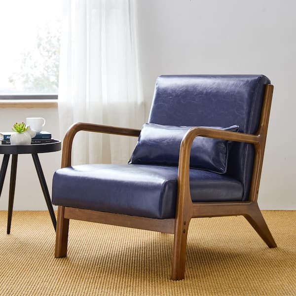 Glitzhome 30.00 in. H Mid Century Modern Navy Blue Leatherette Accent Armchair with Walnut Ruber Wood Frame 2001100038 The Home Depot