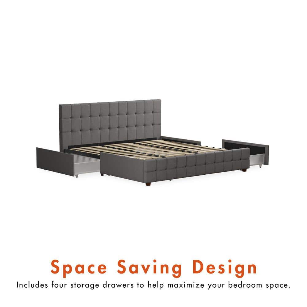 King-Size Gray Linen Upholstered Storage Bed with Tufted Design & 4 Drawers