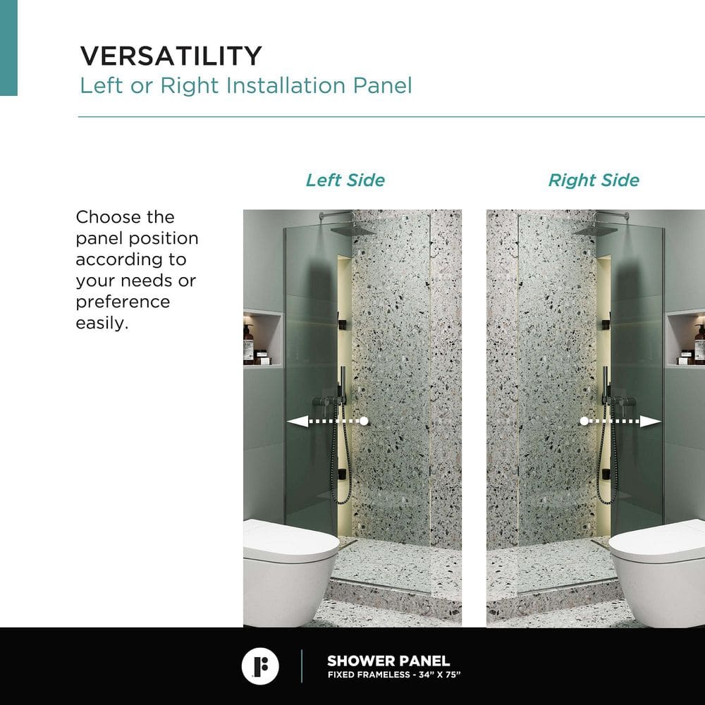34'' W x 74.25'' H Clear Tempered Glass Shower Panel with Chrome Finish